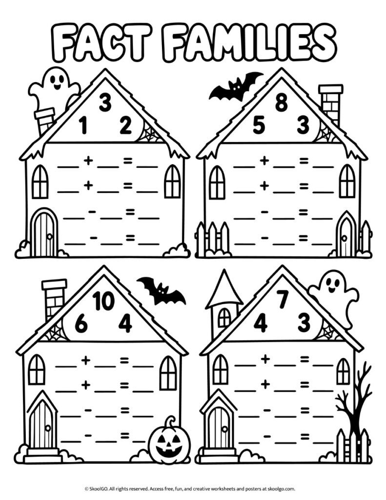 Halloween Fact Families – Black-and-White Math Worksheet Black-and-white Halloween math worksheet with four haunted houses for completing related addition and subtraction facts.