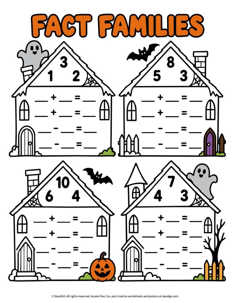 Halloween Fact Families – Color Addition and Subtraction Worksheet Partially colored Halloween fact families worksheet with four haunted houses, numbered roofs, and blank addition and subtraction equations to complete.