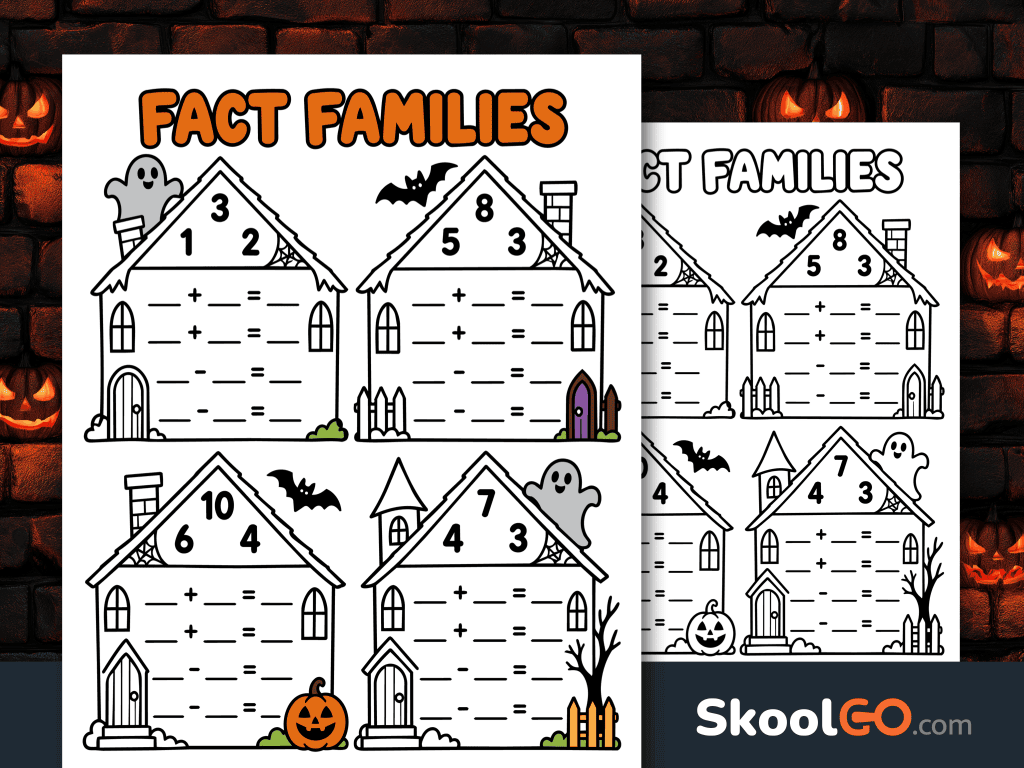 Halloween fact families worksheet featuring four haunted houses with number triangles, addition and subtraction equations, ghosts, bats, and a pumpkin.