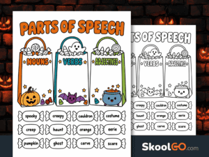 Halloween parts of speech sorting worksheet featuring candy bags labeled nouns, verbs, and adjectives with 12 Halloween words to classify.