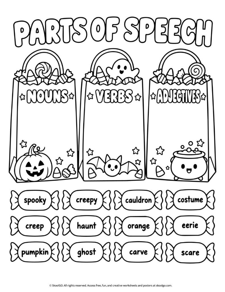 Halloween Parts of Speech Sorting – Black-and-White Version Black-and-white Halloween parts of speech worksheet with a pumpkin, bat, cauldron, and 12 words to sort into three grammar categories.