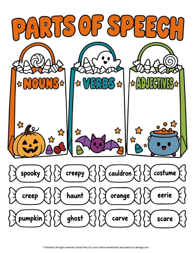 Halloween Nouns, Verbs, and Adjectives Sorting – Color Version Colorful Halloween grammar worksheet with three candy bags for nouns, verbs, and adjectives, plus 12 words in candy-shaped outlines.