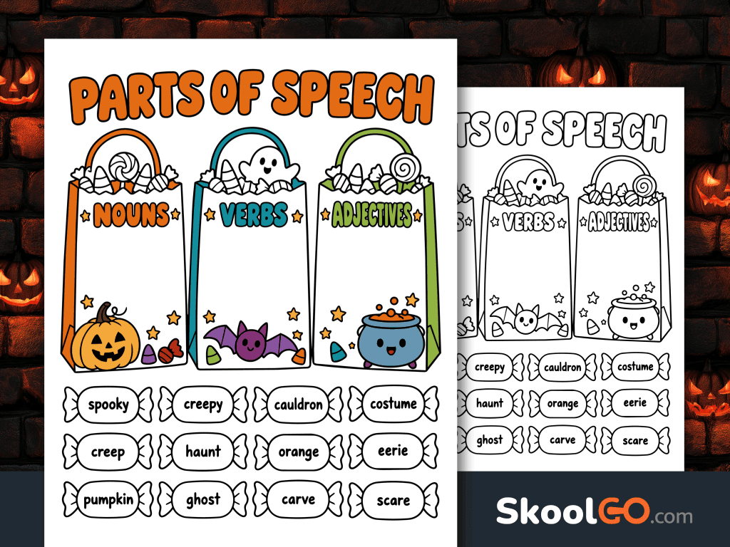 Halloween parts of speech sorting worksheet featuring candy bags labeled nouns, verbs, and adjectives with 12 Halloween words to classify.