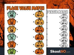 Halloween place value worksheet with colorful cauldrons showing two-digit numbers and pumpkins showing tens and ones.