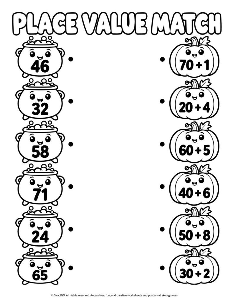 Place Value Match – Black-and-White Halloween Worksheet Black-and-white Halloween place value matching worksheet with outlined cauldrons and pumpkins for matching and coloring.
