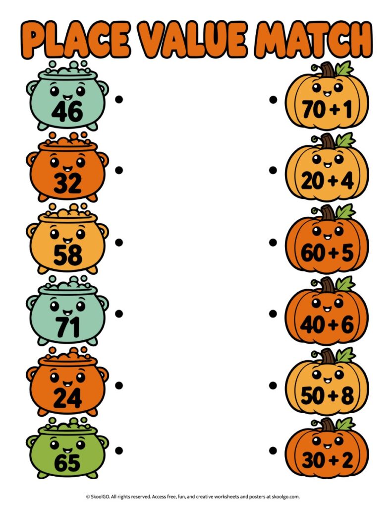 Place Value Match – Color Halloween Worksheet Color Halloween math worksheet with six numbered cauldrons and six pumpkins displaying expanded forms to match.