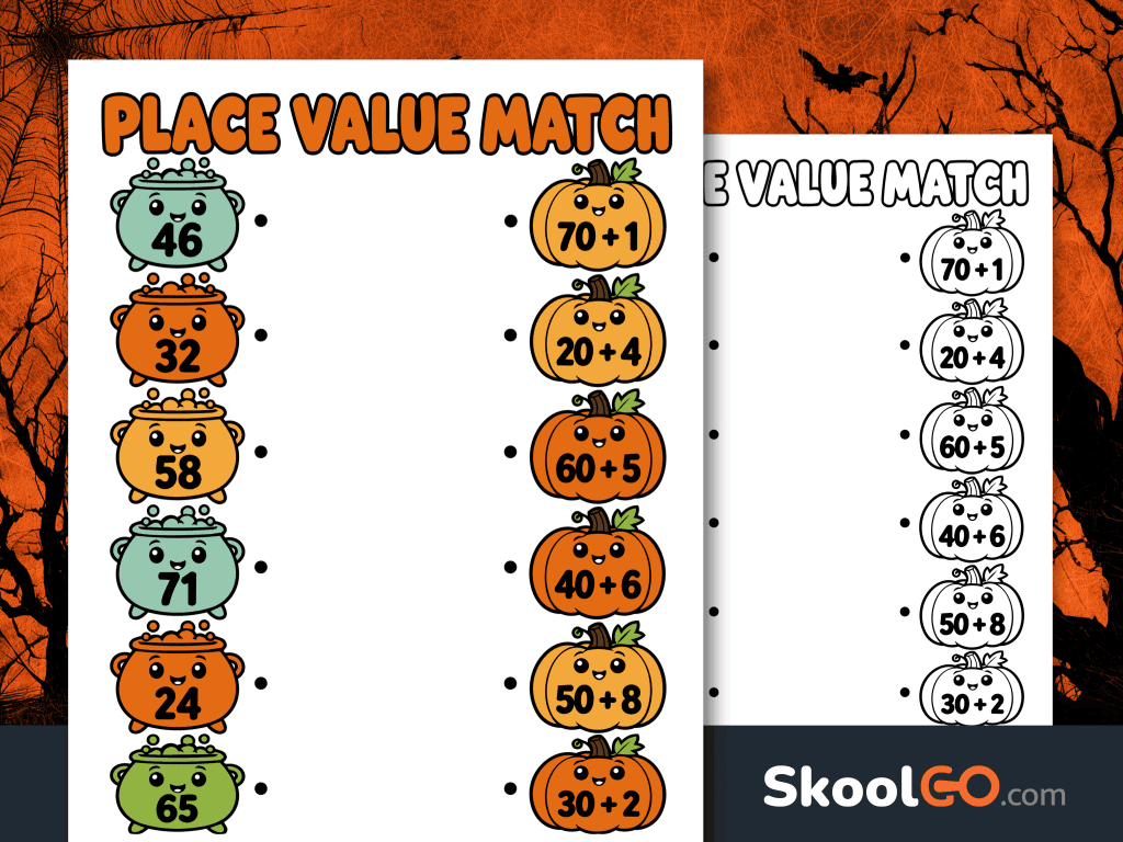 Halloween place value worksheet with colorful cauldrons showing two-digit numbers and pumpkins showing tens and ones.