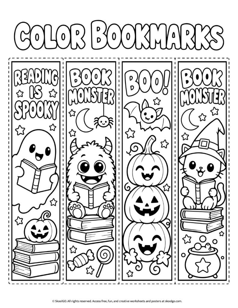 Halloween Reading Bookmarks – Black-and-White Coloring Page Four black-and-white Halloween bookmarks to color, with a reading ghost, monster, pumpkins, and witch-hat cat.