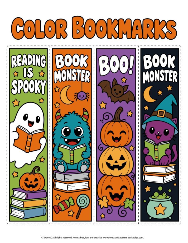 Halloween Reading Bookmarks – Four Colorful Designs Four colorful Halloween reading bookmarks featuring a ghost, book monster, smiling pumpkins, and a witch-hat cat.