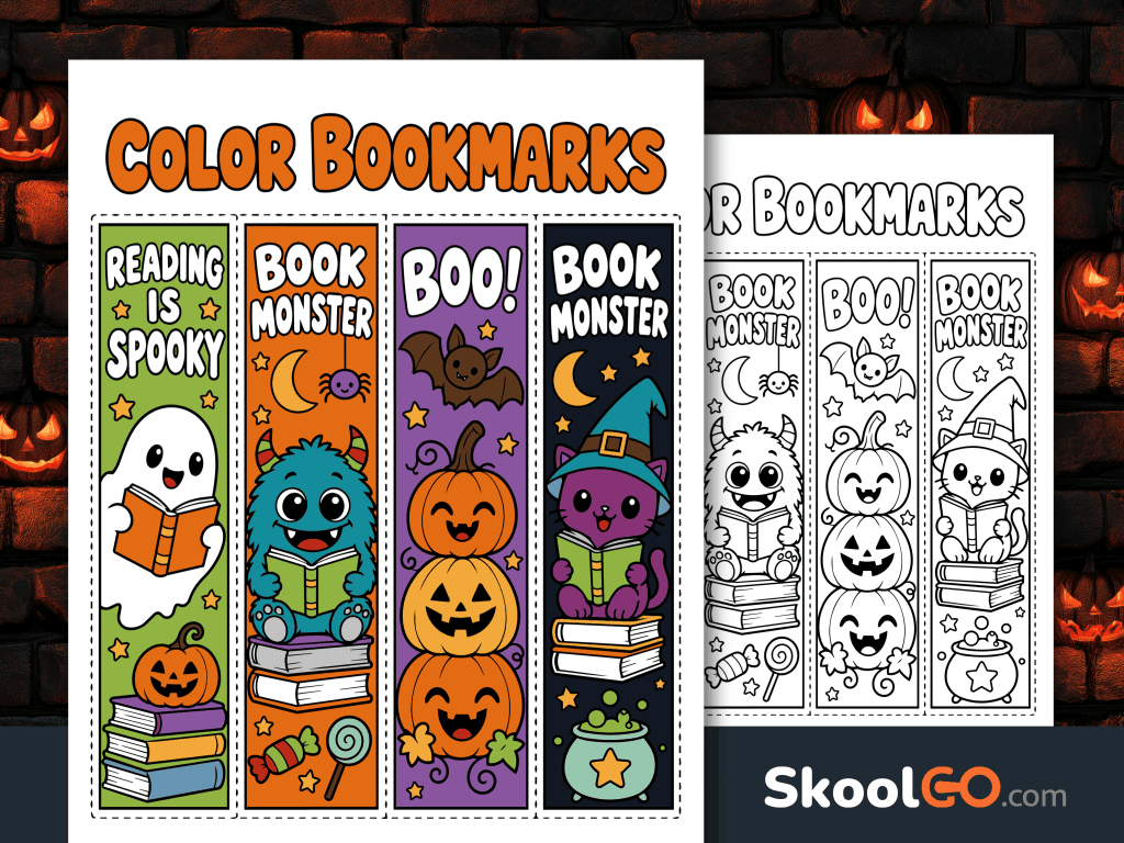 Four colorful Halloween reading bookmarks featuring a ghost reading a book, a friendly monster, smiling pumpkins, and a witch-hat cat.