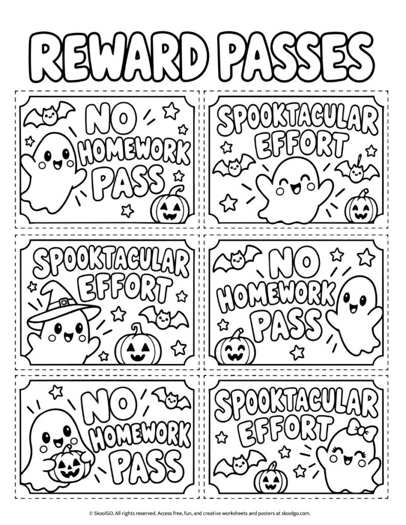 Black-and-White Halloween Reward Passes to Color Black-and-white printable sheet of six Halloween reward passes with outlined ghosts, bats, pumpkins, and lettering ready for coloring.