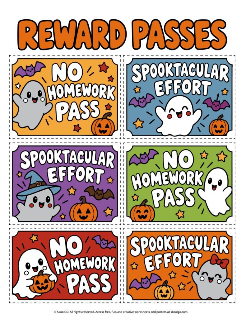 Colorful Halloween Reward Passes – Six Printable Cards Color printable sheet with six Halloween reward passes arranged in two columns, featuring ghosts, pumpkins, bats, and dashed cutting lines.