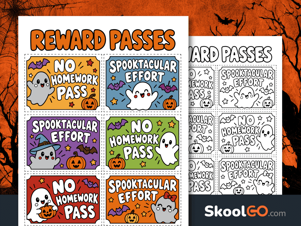 Six colorful Halloween reward passes with friendly ghosts, bats, pumpkins, and No Homework Pass and Spooktacular Effort messages.