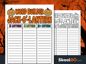 Colorful Jack-o’-Lantern word builder worksheet with pumpkin illustrations and columns for 3-letter, 4-letter, and 5-plus-letter words.