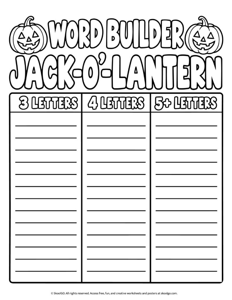 Jack-o’-Lantern Word Builder – Black-and-White Worksheet Black-and-white Jack-o’-Lantern word builder worksheet with outlined pumpkins, colorable lettering, and three columns for writing words.