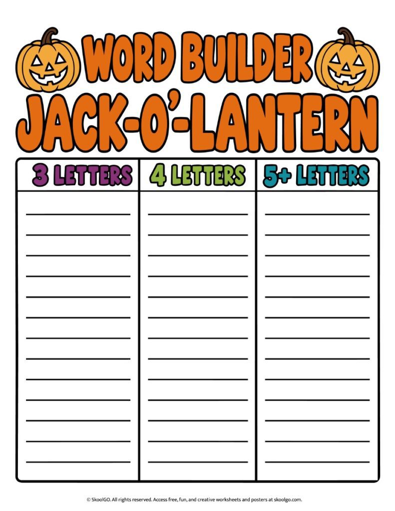 Jack-o’-Lantern Word Building Activity – Color Worksheet Halloween word-building activity with orange JACK-O’-LANTERN lettering and three lined columns for sorting words by length.