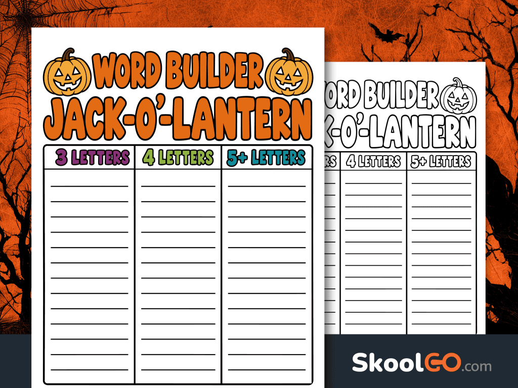 Colorful Jack-o’-Lantern word builder worksheet with pumpkin illustrations and columns for 3-letter, 4-letter, and 5-plus-letter words.