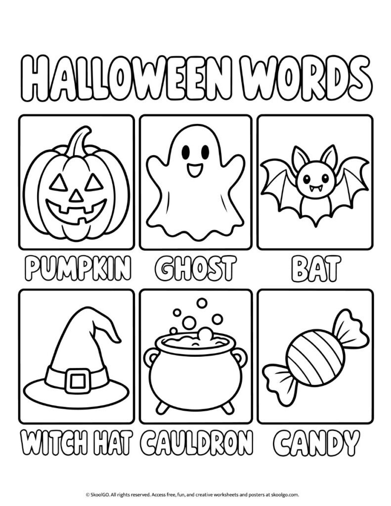 Halloween Words – Black-and-White Vocabulary Printable Black-and-white Halloween vocabulary printable with six labeled illustrations: pumpkin, ghost, bat, witch hat, cauldron, and candy.