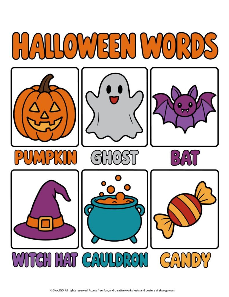 Halloween Words – Color Vocabulary Printable Color Halloween vocabulary printable showing six labeled pictures: orange pumpkin, gray ghost, purple bat, witch hat, cauldron, and candy.