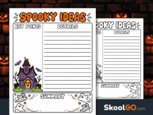 Spooky Ideas Halloween writing organizer with a colorful haunted house, bats, ghosts, and sections for key points, details, and a summary.