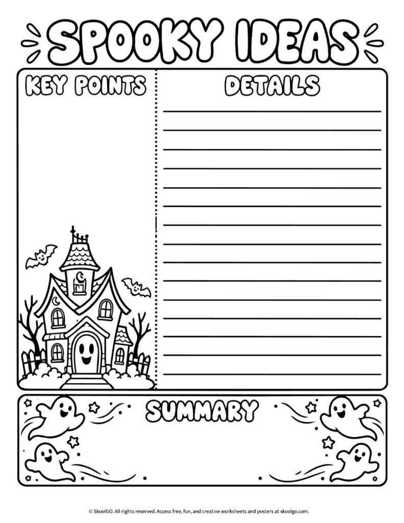 Spooky Ideas Halloween Organizer – Black-and-White Version Black-and-white Spooky Ideas writing organizer with an outlined haunted house, bats, ghosts, and spaces for key points, details, and a summary.
