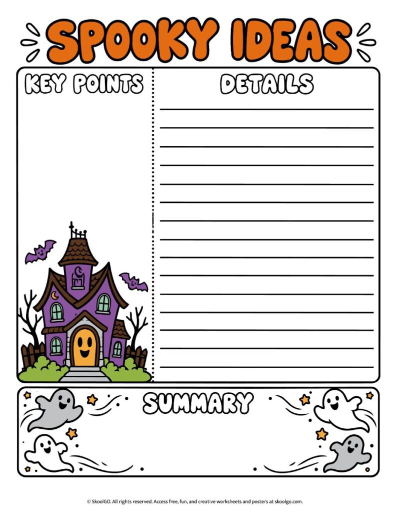 Spooky Ideas Halloween Organizer – Color Version Color Halloween graphic organizer with a purple haunted house, bats, orange Spooky Ideas heading, and writing spaces for key points, details, and a summary.