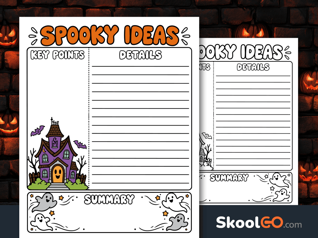 Spooky Ideas Halloween writing organizer with a colorful haunted house, bats, ghosts, and sections for key points, details, and a summary.