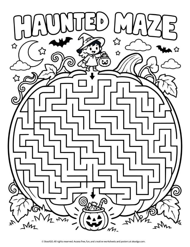 Haunted Maze – Black-and-White Halloween Maze Worksheet Black-and-white Halloween maze worksheet showing a pumpkin-shaped labyrinth with a witch at the starting point and a candy bucket at the finish.
