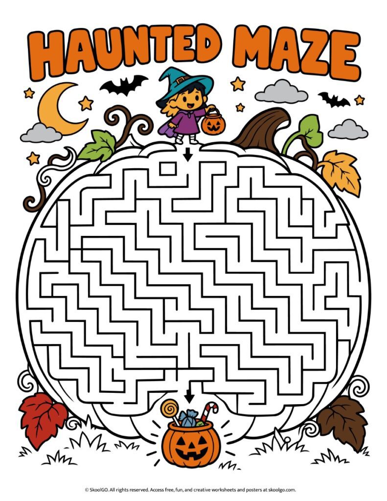 Haunted Maze – Color Halloween Maze Worksheet Color Halloween maze worksheet featuring a giant pumpkin maze, a little witch at the entrance, and a candy-filled pumpkin at the exit.