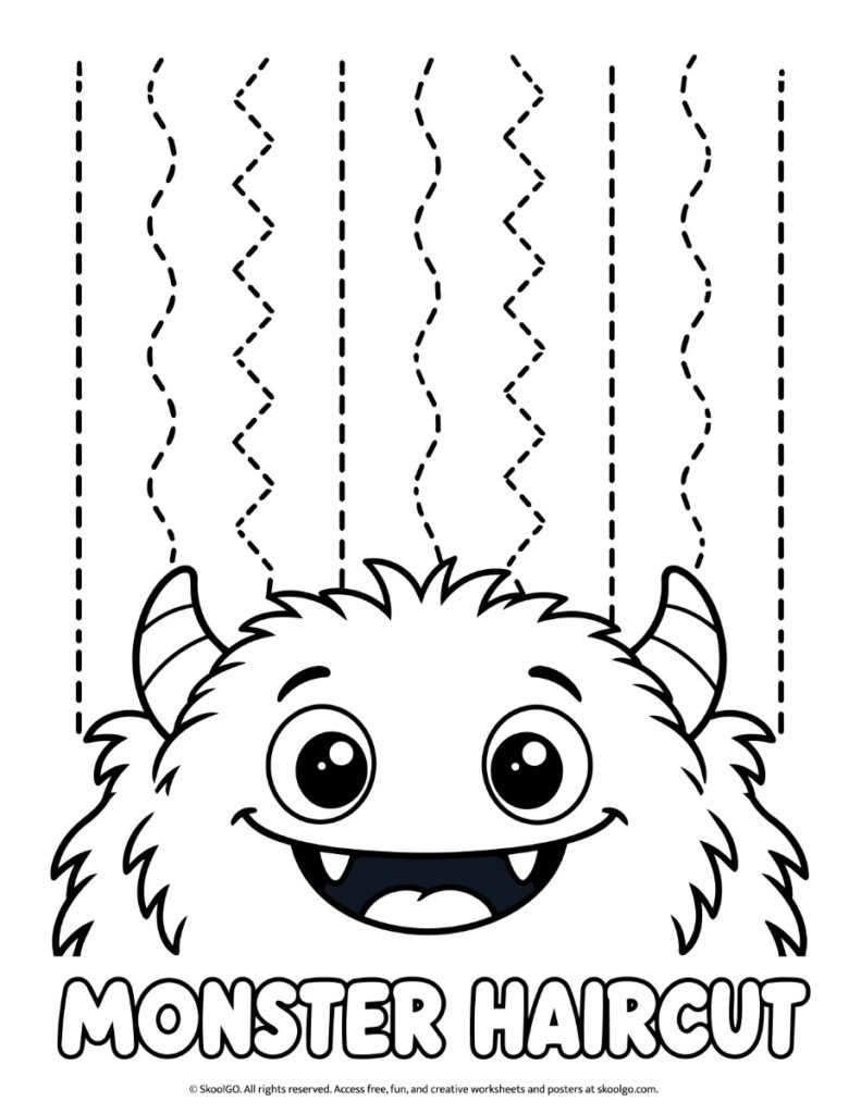 Monster Haircut Cutting and Coloring Worksheet – Black-and-White Version Black-and-white monster haircut worksheet with an outlined monster to color and seven dashed paths for scissor cutting practice.