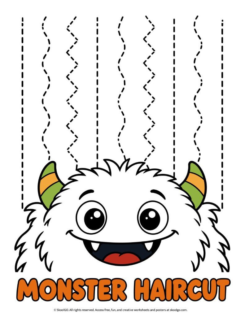 Monster Haircut Cutting Worksheet – Color Version Color monster haircut worksheet featuring orange and green horns, a smiling monster, and dashed cutting lines above its head.
