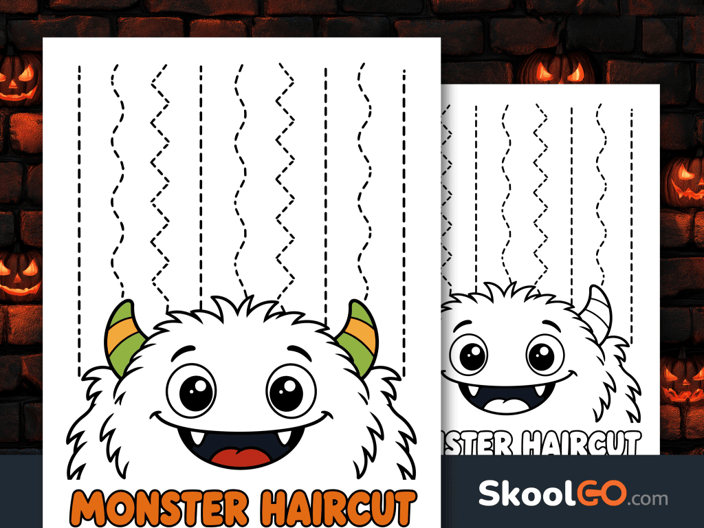 Monster haircut cutting worksheet with a smiling fluffy monster and seven dashed straight, wavy, and zigzag cutting paths.