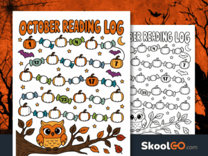 Colorful October reading log with a winding path of pumpkins and candies, numbered reading milestones, and an owl sitting on an autumn tree branch.