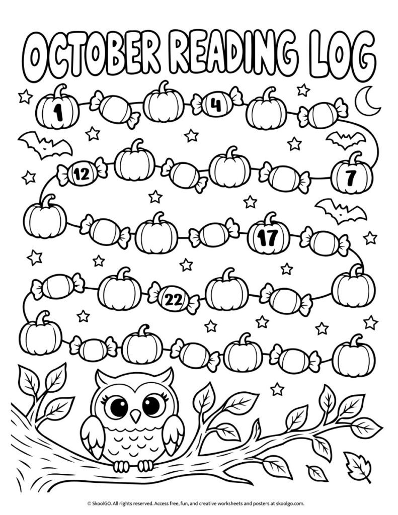 October Reading Log – Black-and-White Printable Black-and-white October reading log coloring page featuring pumpkins, wrapped candies, numbered reading milestones, and an owl on a leafy branch.