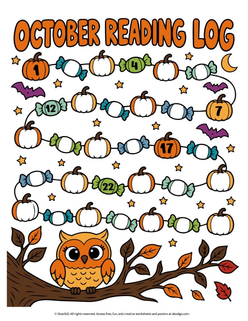 October Reading Log – Color Printable Full-color October reading log with 31 spaces along a pumpkin and candy path, surrounded by bats, stars, a crescent moon, and an orange owl.