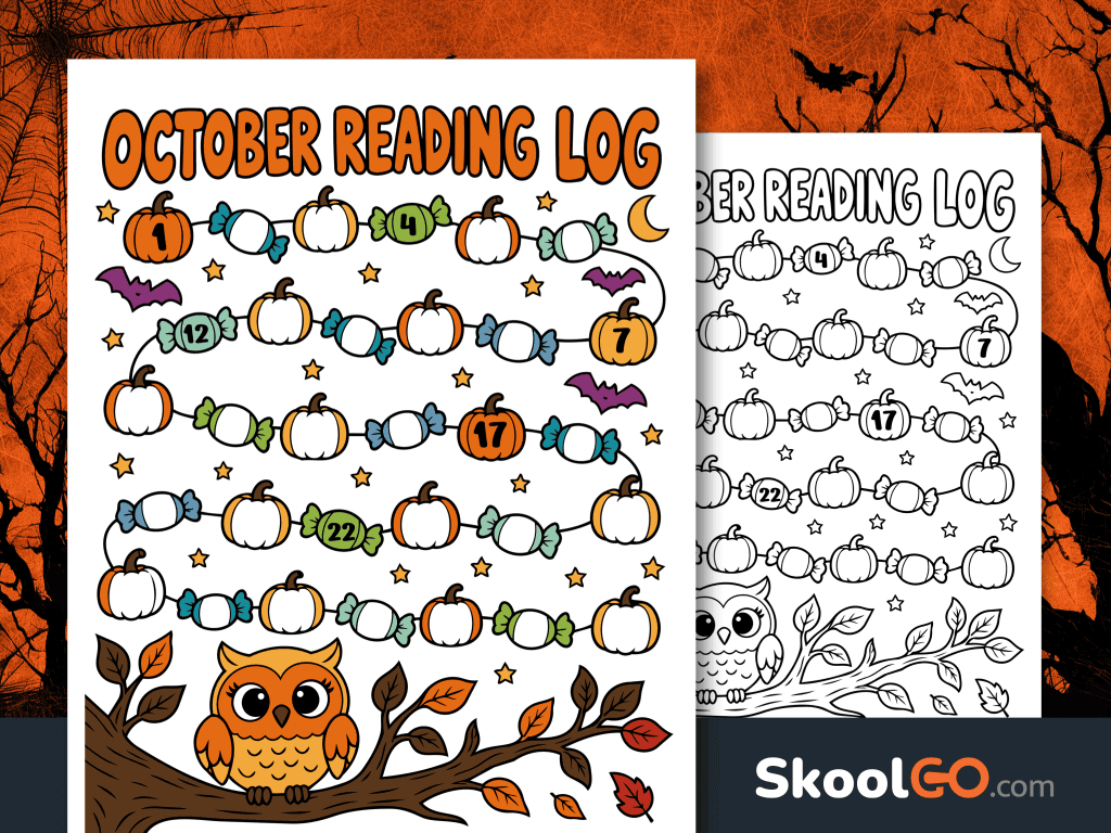 Colorful October reading log with a winding path of pumpkins and candies, numbered reading milestones, and an owl sitting on an autumn tree branch.