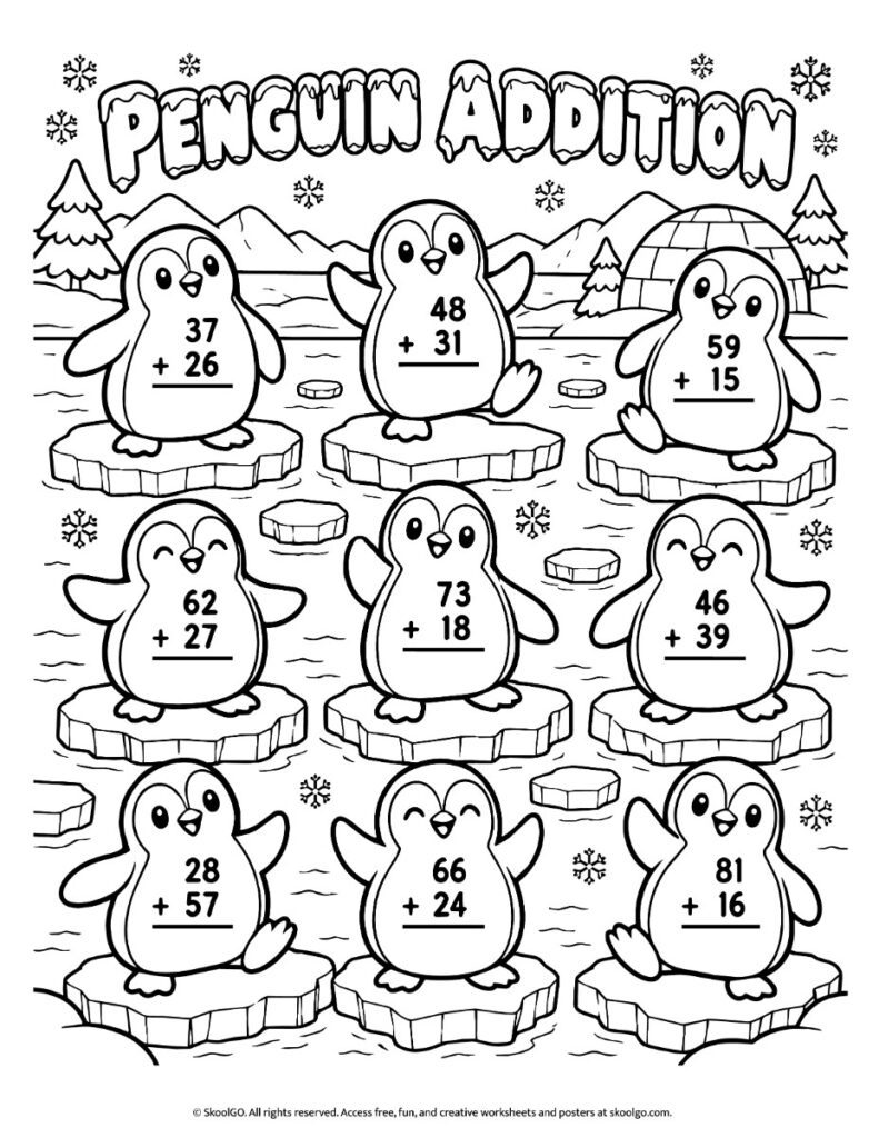 Penguin Addition Worksheet – Black-and-White Coloring Version Black-and-white penguin addition worksheet with nine two-digit addition problems and winter illustrations for coloring.