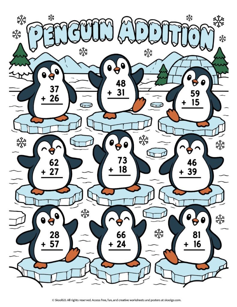 Penguin Addition Worksheet – Color Version Color penguin addition worksheet with nine vertical addition problems, snowy mountains, an igloo, and penguins standing on ice floes.