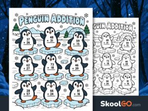 Colorful penguin addition worksheet featuring nine penguins with two-digit addition problems on their bellies.