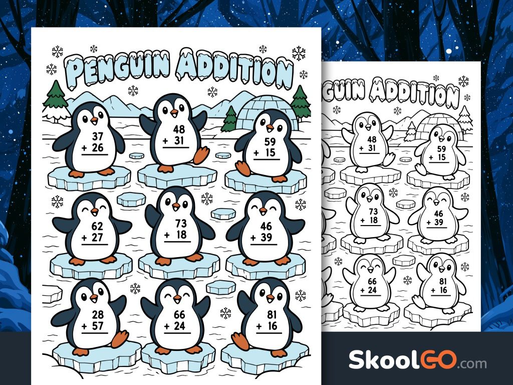 Colorful penguin addition worksheet featuring nine penguins with two-digit addition problems on their bellies.