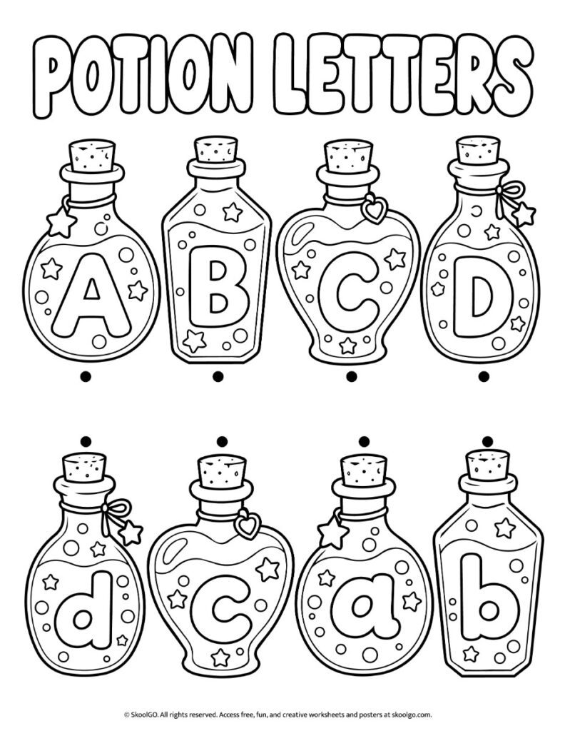 Potion Letters – Black-and-White Halloween Alphabet Matching Worksheet Black-and-white Halloween letter matching worksheet with eight potion bottles displaying uppercase and lowercase letters A through D.