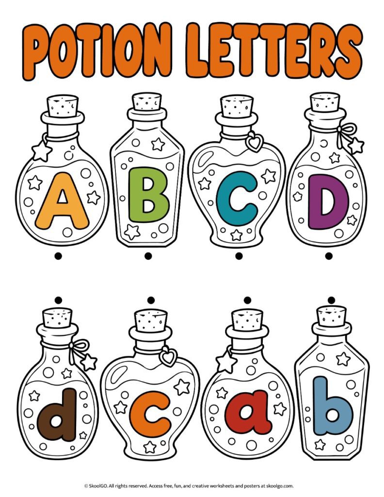 Potion Letters – Color Halloween Uppercase and Lowercase Matching Worksheet Color Halloween alphabet worksheet featuring eight potion bottles with uppercase A, B, C, D and lowercase a, b, c, d to match.