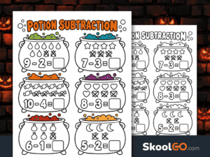Potion subtraction worksheet with six illustrated cauldrons, crossed-out objects, and subtraction equations within 10.