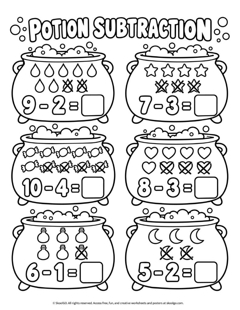 Potion Subtraction Worksheet – Black-and-White Version Black-and-white potion subtraction worksheet with six cauldrons, crossed-out shapes, and answer boxes for subtraction within 10.