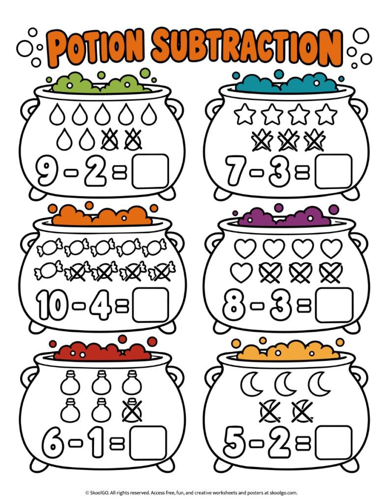 Potion Subtraction Worksheet – Color Version Color potion subtraction worksheet with six cauldrons, colorful bubbles, crossed-out objects, and empty answer boxes.