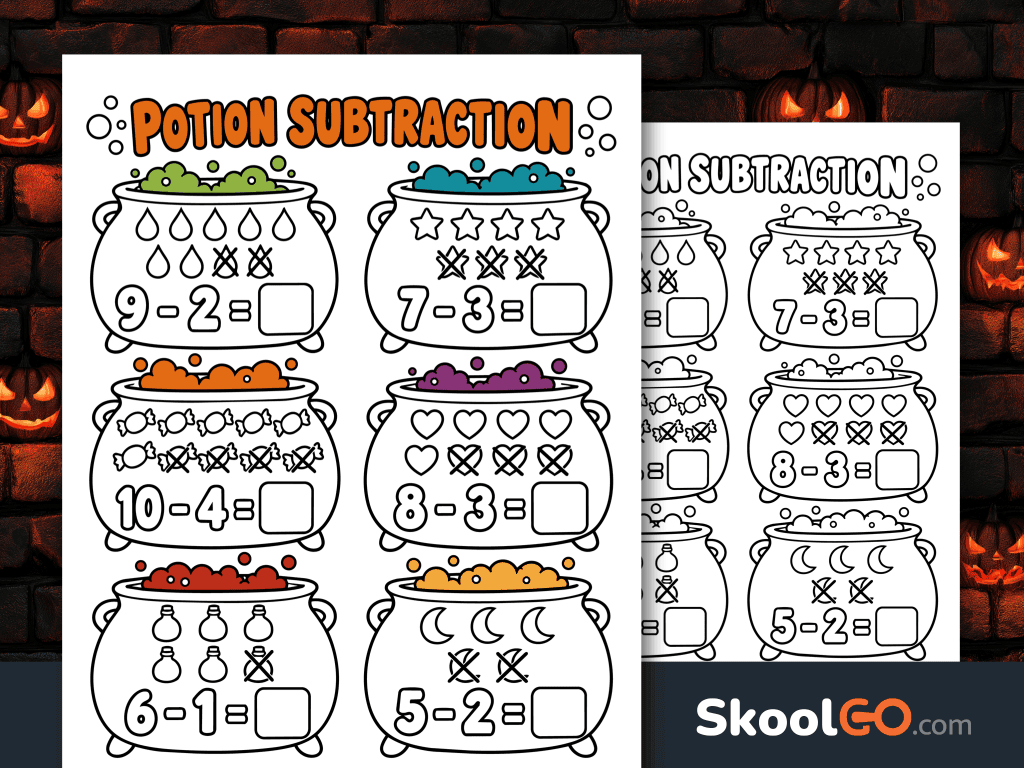 Potion subtraction worksheet with six illustrated cauldrons, crossed-out objects, and subtraction equations within 10.