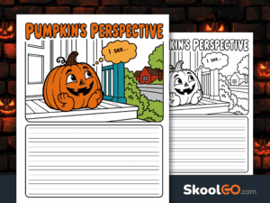 Colorful Pumpkin's Perspective writing worksheet featuring a smiling pumpkin on a porch, an "I see..." thought bubble, and lined writing space.