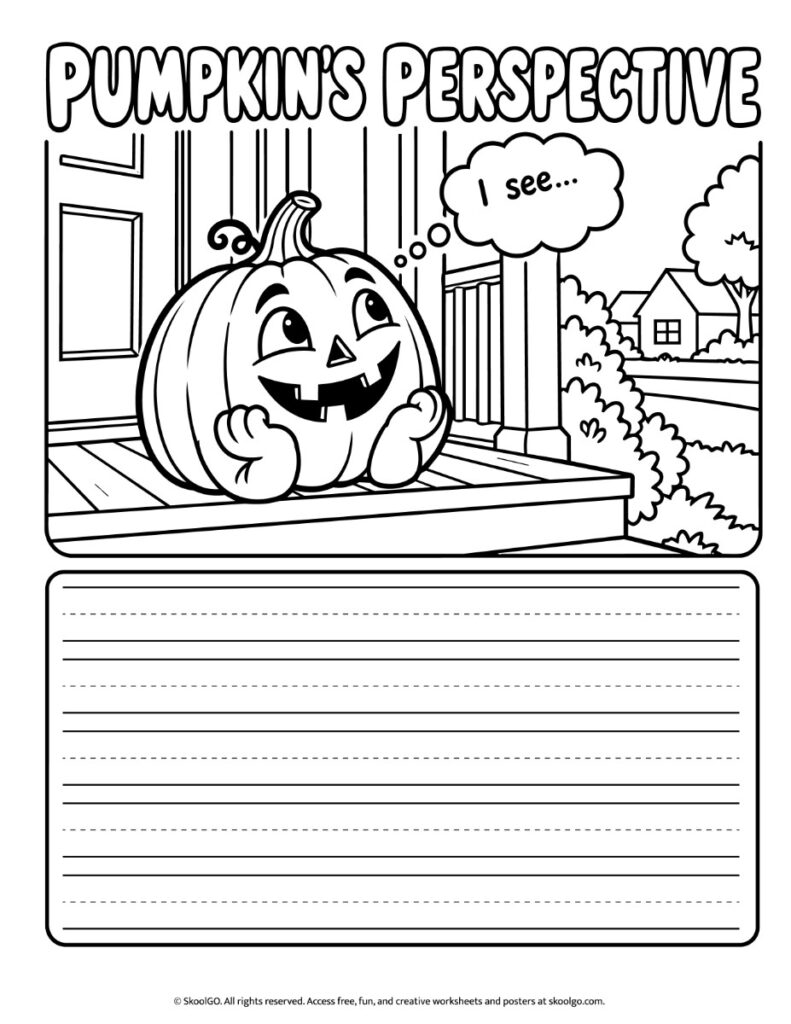 Pumpkin's Perspective – Black-and-White Writing and Coloring Worksheet Black-and-white Pumpkin's Perspective worksheet with a smiling pumpkin to color, an "I see..." thought bubble, and lined writing space.