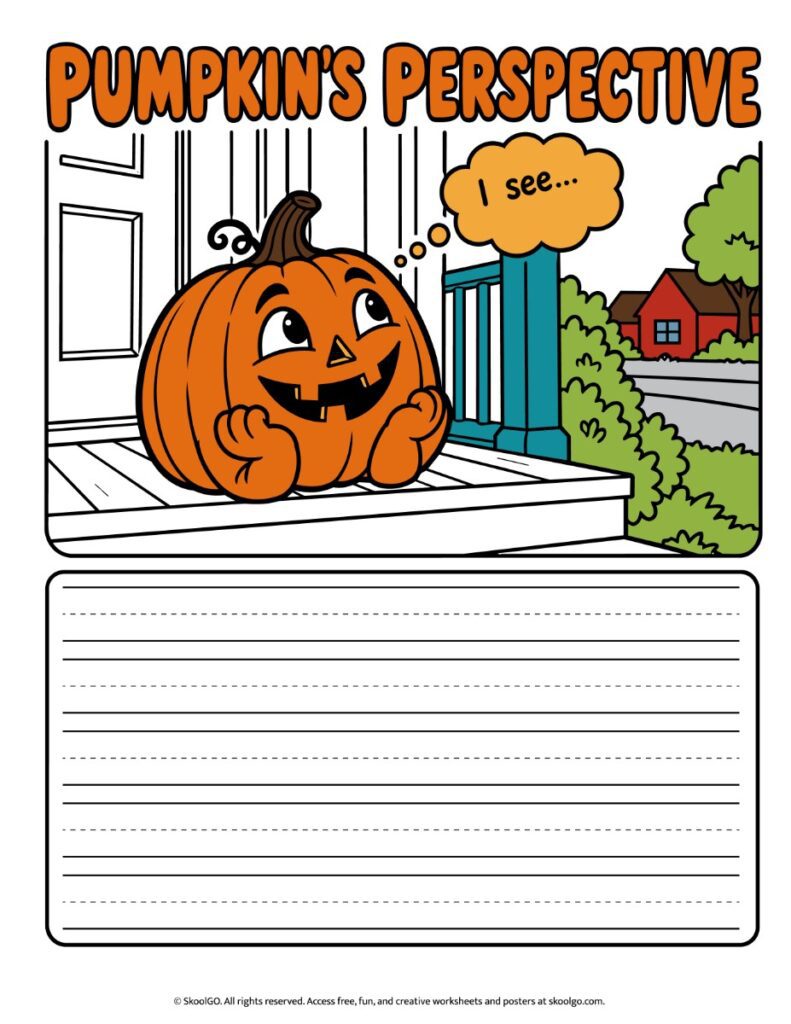 Pumpkin's Perspective – Color Writing Prompt Color pumpkin writing prompt showing an orange jack-o'-lantern on a porch, a neighborhood background, and primary-ruled lines for writing.
