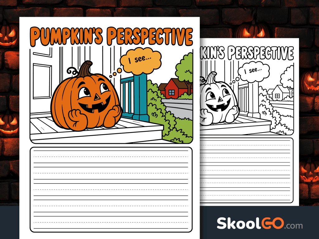Colorful Pumpkin's Perspective writing worksheet featuring a smiling pumpkin on a porch, an "I see..." thought bubble, and lined writing space.